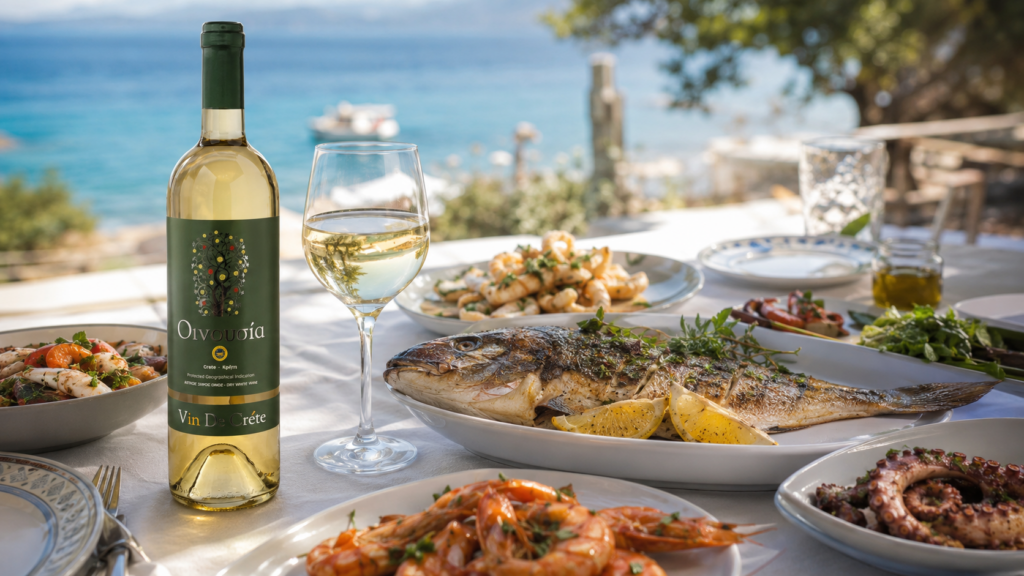 Bottle of Oinousia White Wine on a summer table with grilled fish, shrimp, octopus and a glass of white wine by the sea.